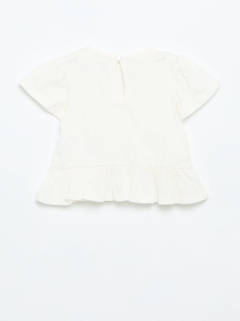 T-shirt de mangas curtas com bordados e base com folhos Branco - Kiabi