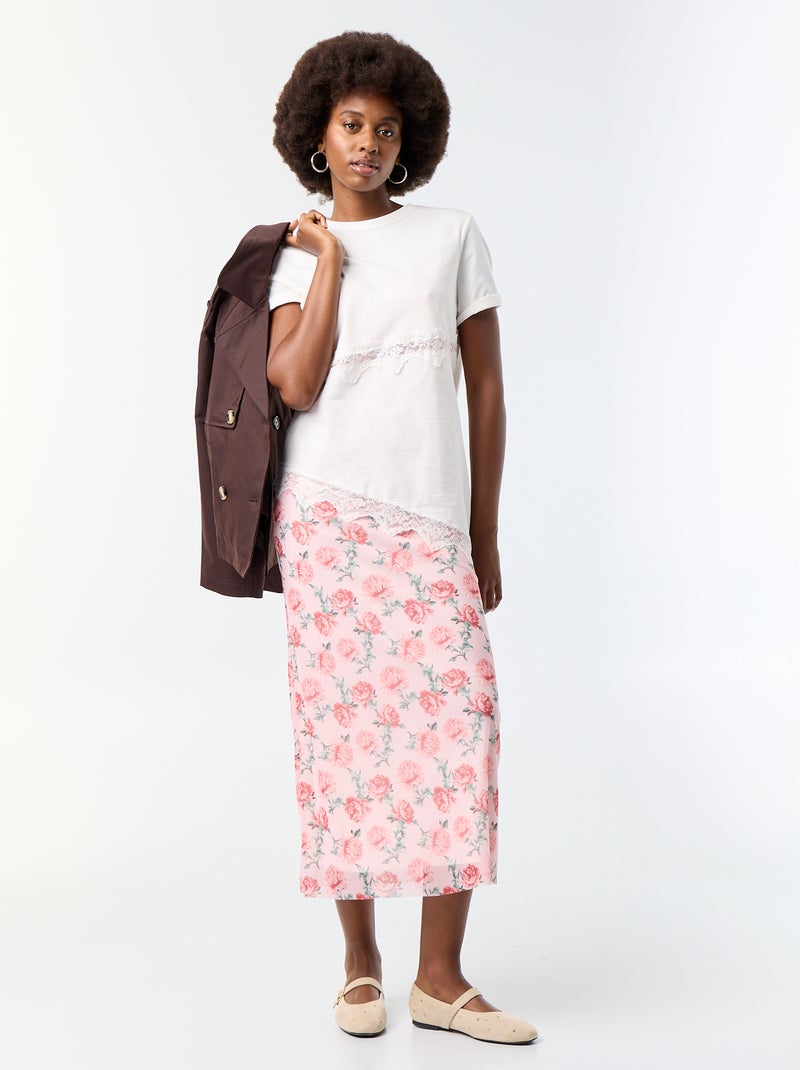 T-shirt de mangas curtas com renda Branco - Kiabi