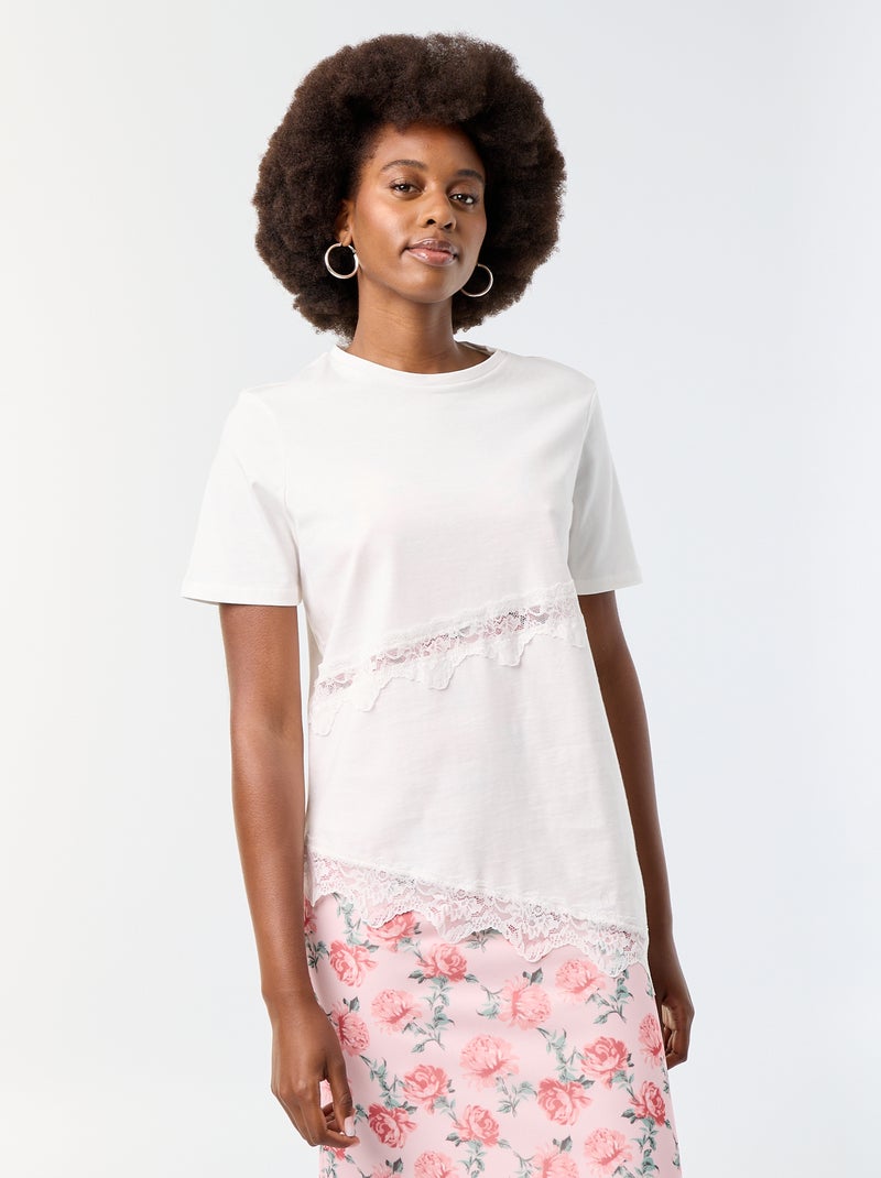 T-shirt de mangas curtas com renda Branco - Kiabi