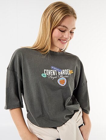 T-shirt de mangas curtas estampada frente e verso
