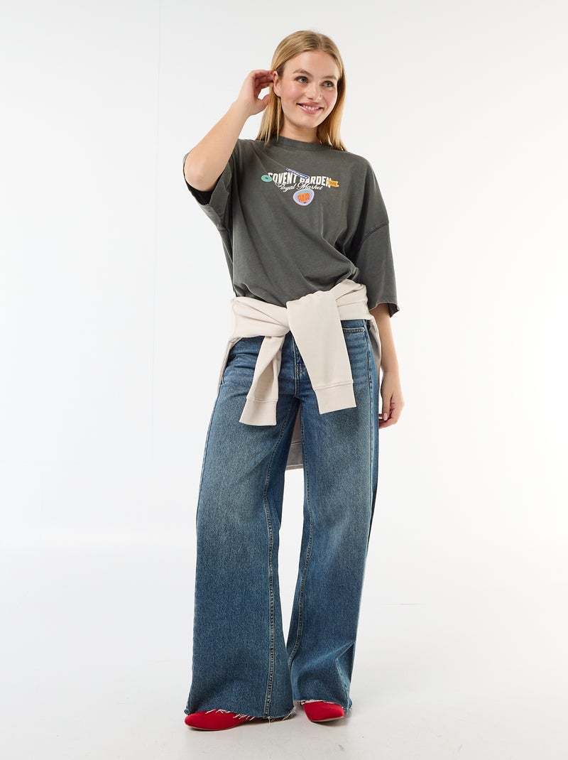 T-shirt de mangas curtas estampada frente e verso Cinza - Kiabi