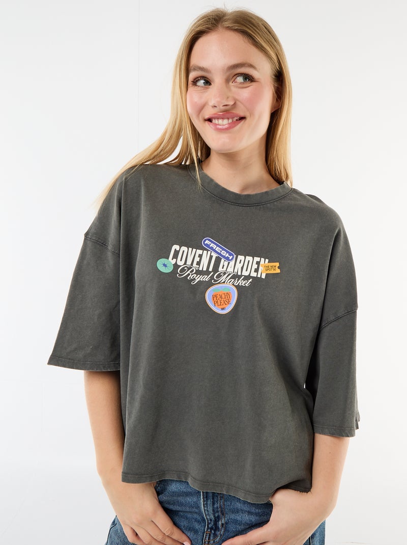 T-shirt de mangas curtas estampada frente e verso Cinza - Kiabi