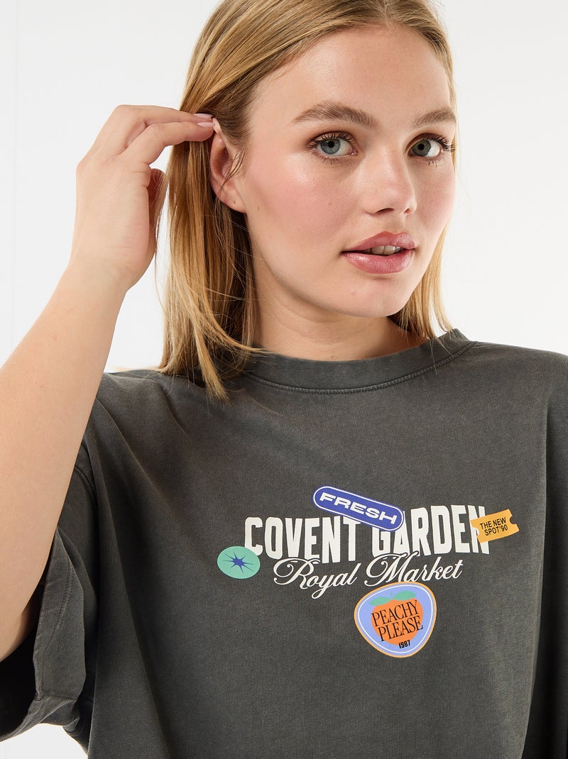 T-shirt de mangas curtas estampada frente e verso Cinza - Kiabi