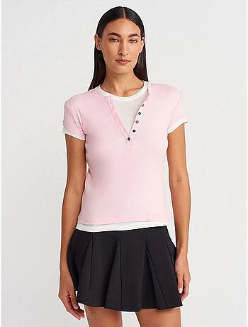 T-shirt de mulher em algodão com decote em v e botões dilvin