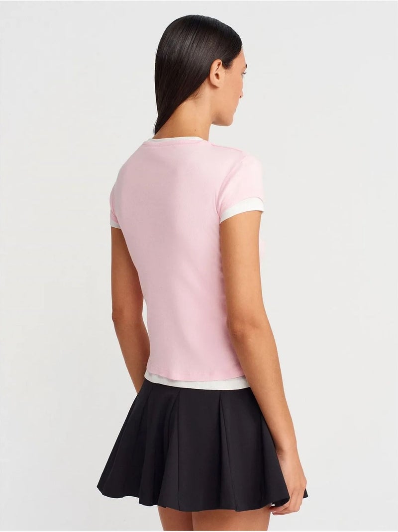 T-shirt de mulher em algodão com decote em v e botões dilvin Rosa - Kiabi