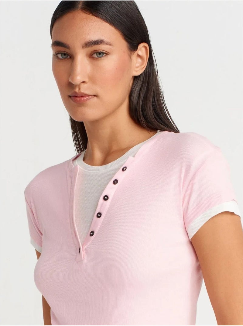 T-shirt de mulher em algodão com decote em v e botões dilvin Rosa - Kiabi