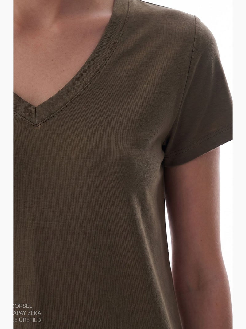 T-shirt de mulher em modal com decote em v penti Cáqui - Kiabi