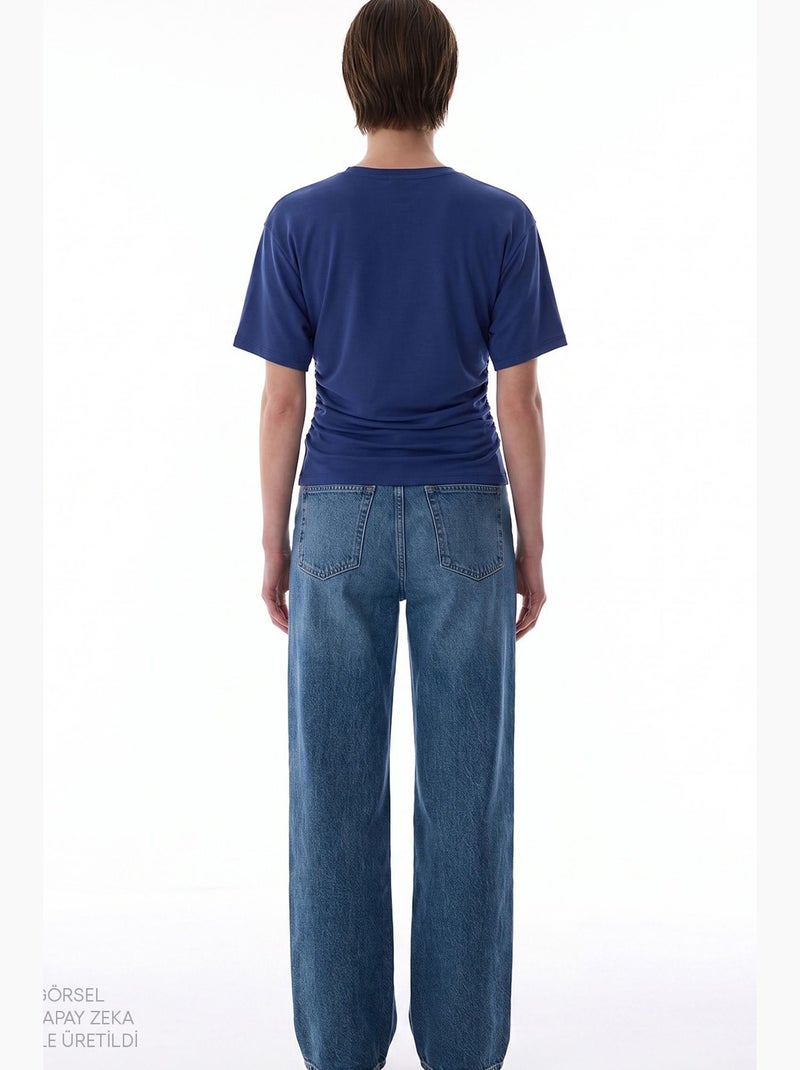 T-shirt de mulher em modal com detalhe na cintura e franzido penti Azul-cobalto - Kiabi