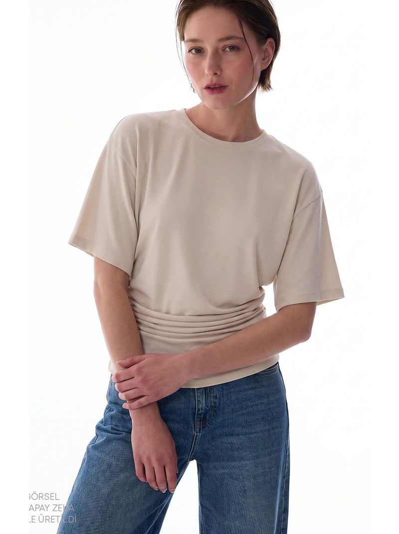 T-shirt de mulher em modal com detalhe na cintura e franzido penti Bege-argila - Kiabi
