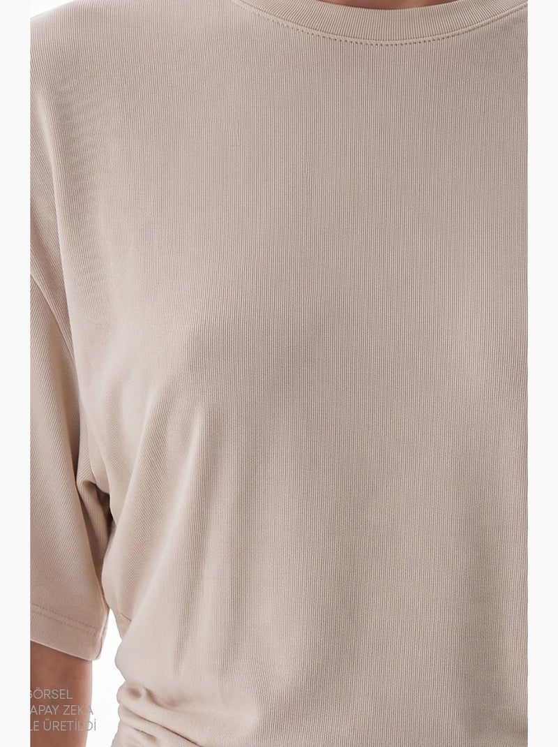 T-shirt de mulher em modal com detalhe na cintura e franzido penti Bege-argila - Kiabi
