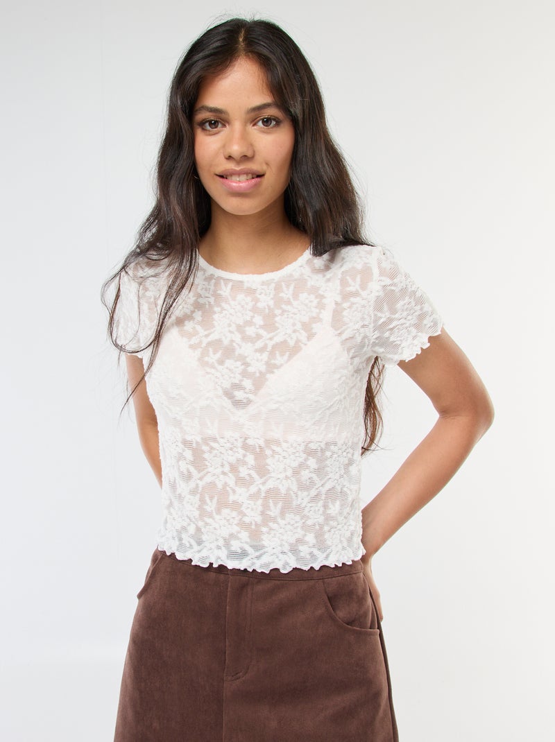 T-shirt de renda com mangas curtas Branco - Kiabi