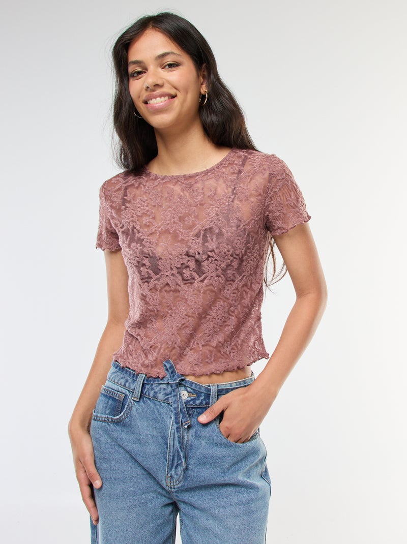 T-shirt de renda de manga curta Castanho - Kiabi