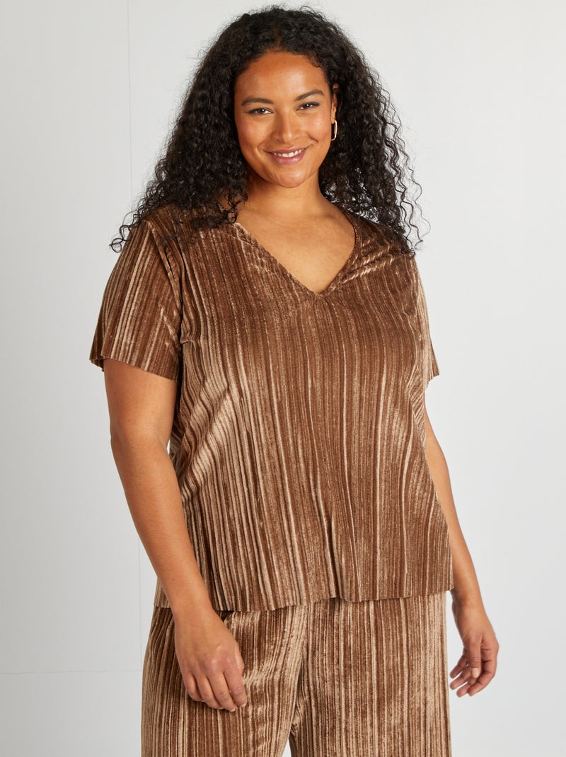 T-shirt de veludo com decote em bico CASTANHO - Kiabi