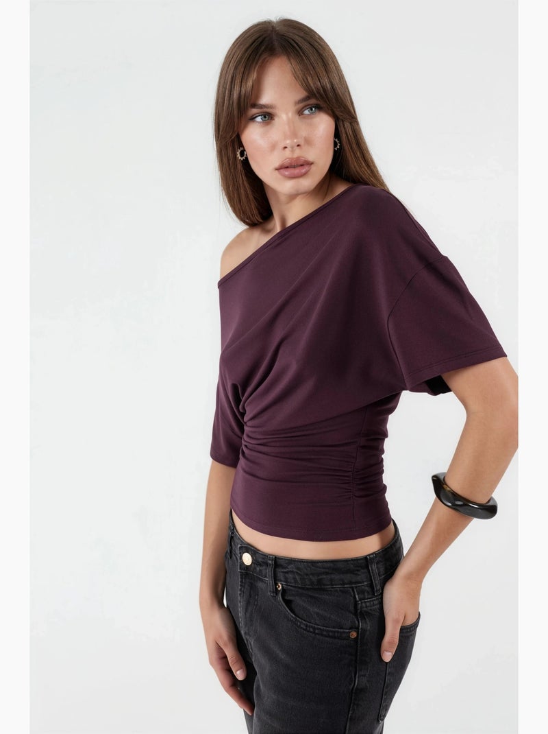 T-shirt decote assimétrico malha viscose suave manga curta hiccup Vermelho bordô - Kiabi