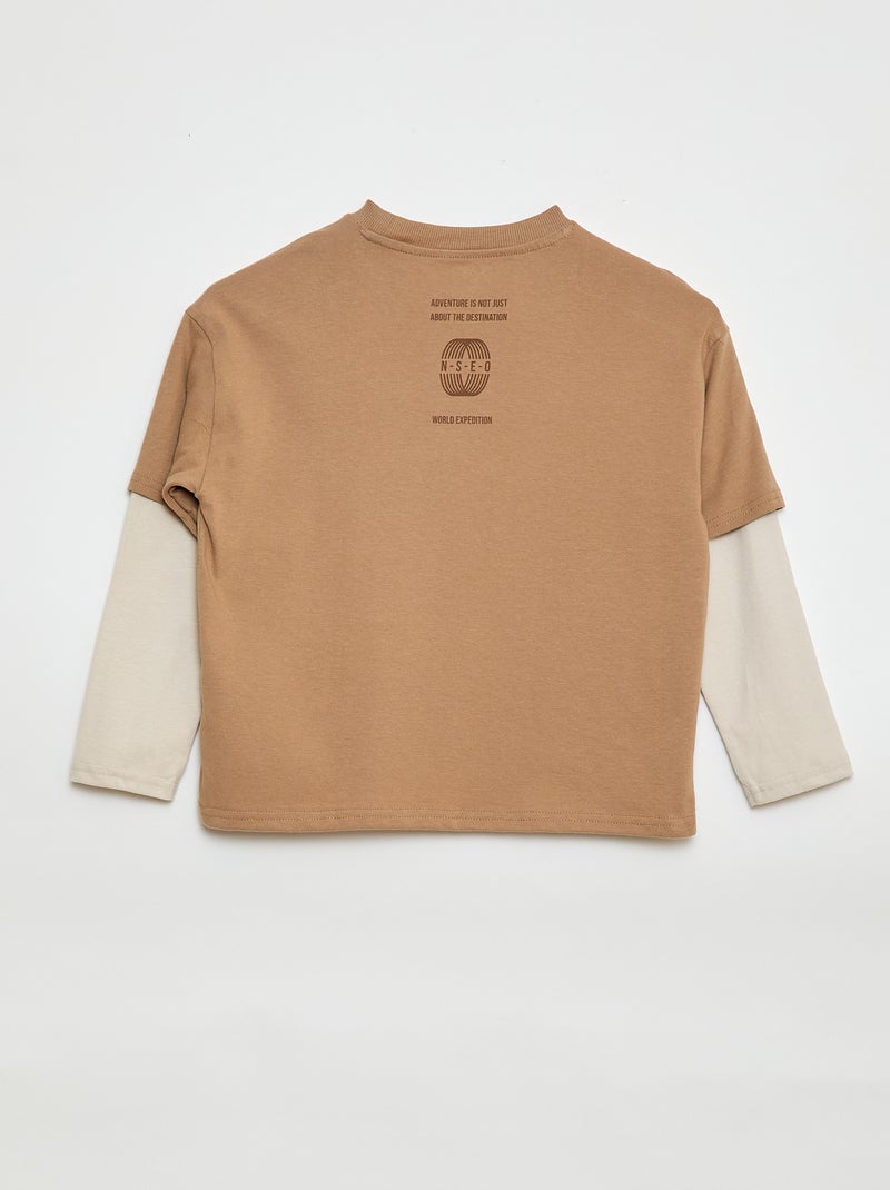 T-shirt efeito 2 em 1 de mangas compridas Bege - Kiabi