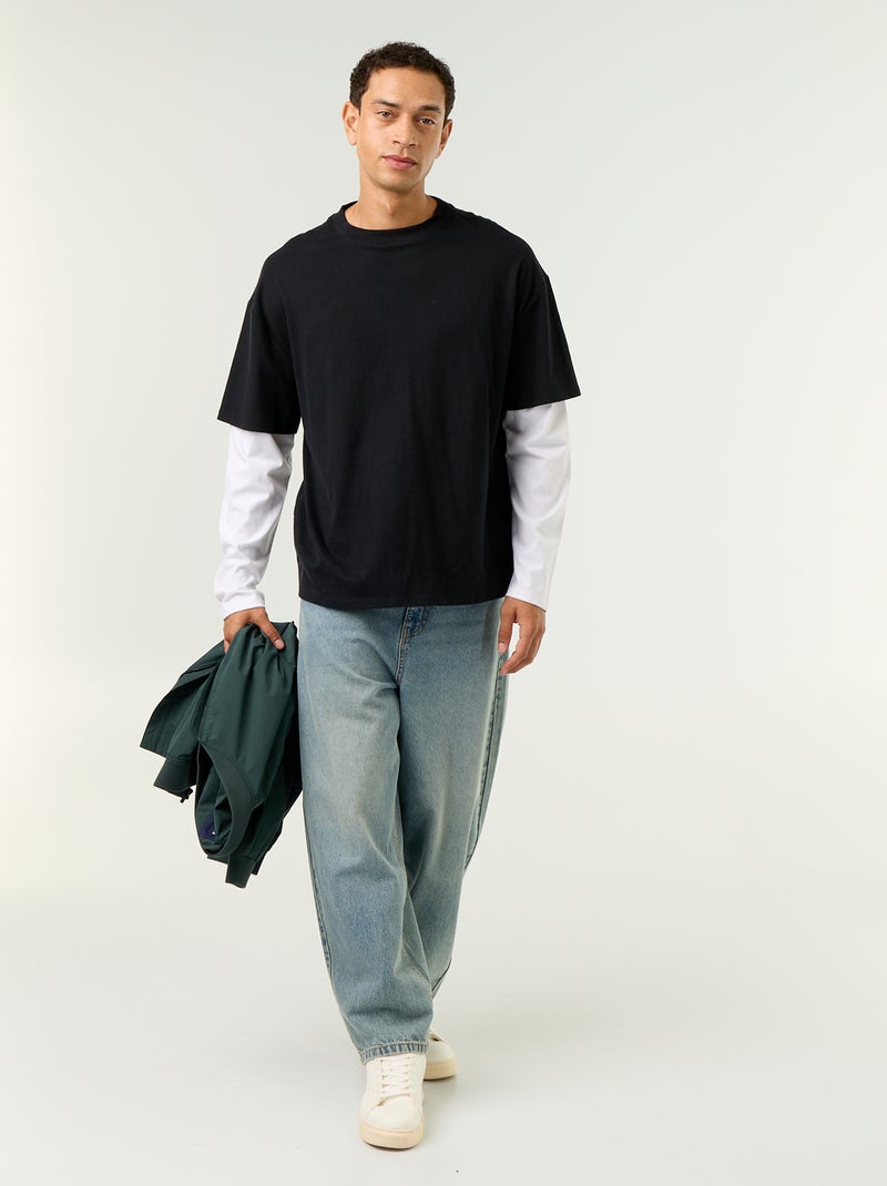 T-shirt efeito 2-em-1 mangas compridas Preto - Kiabi