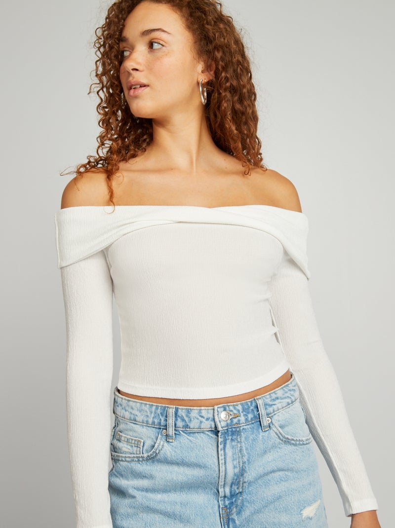 T-shirt elástica com decote bardot BEGE - Kiabi