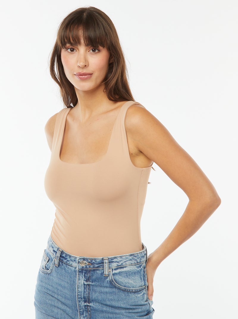 T-shirt elástica com gola quadrada Bege - Kiabi