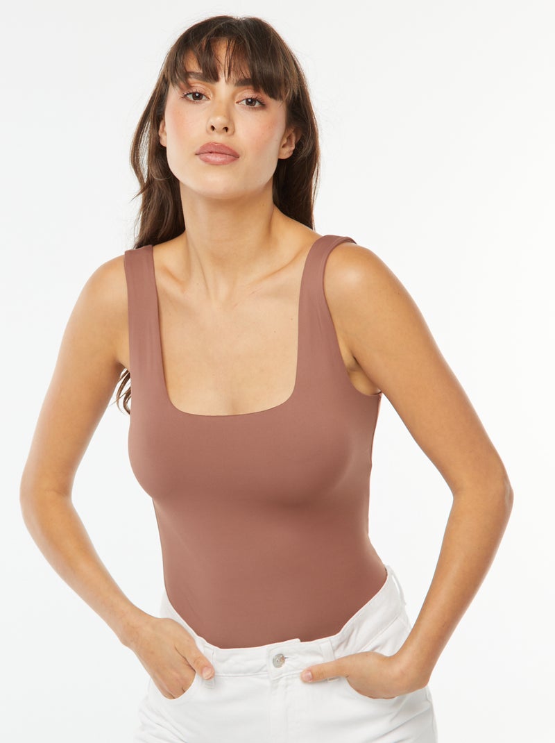 T-shirt elástica com gola quadrada Castanho - Kiabi