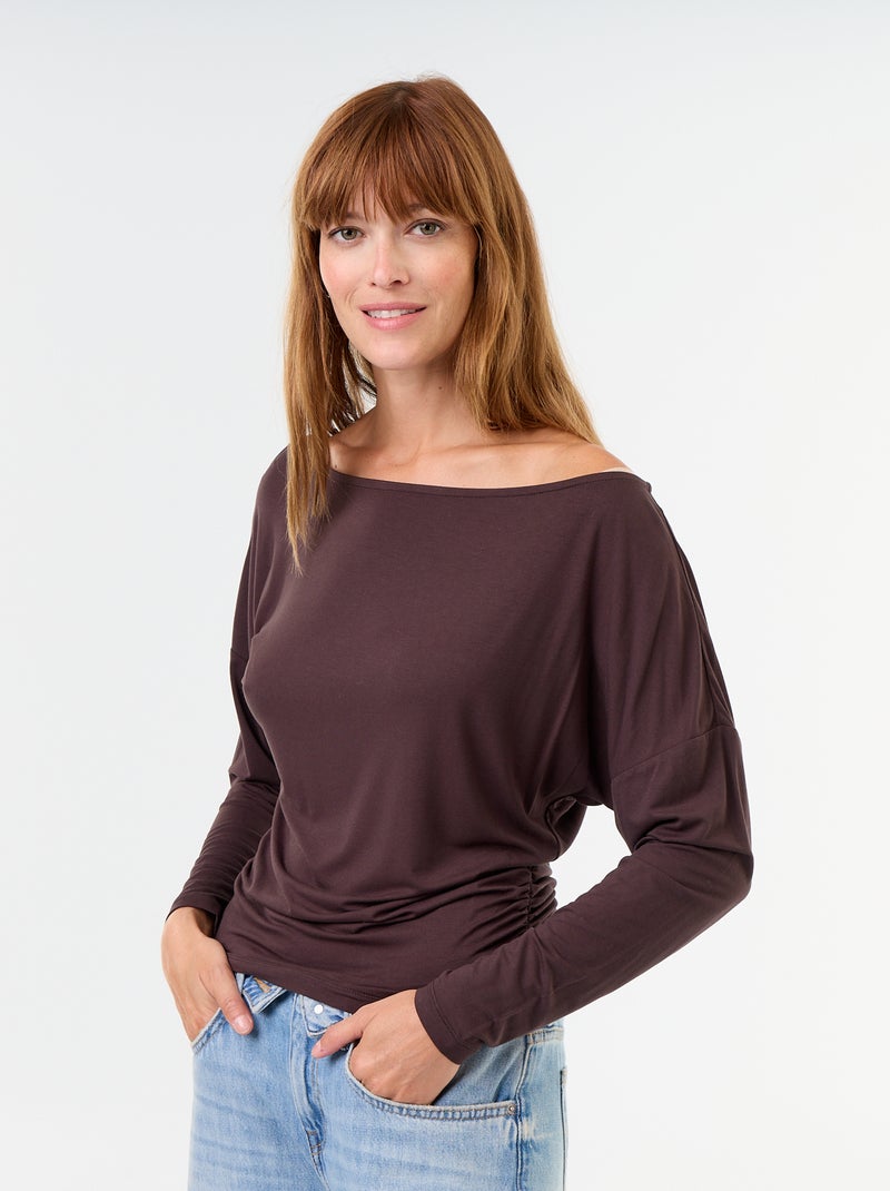 T-shirt elástica de manga comprida com pormenor elástico lateral Castanho - Kiabi