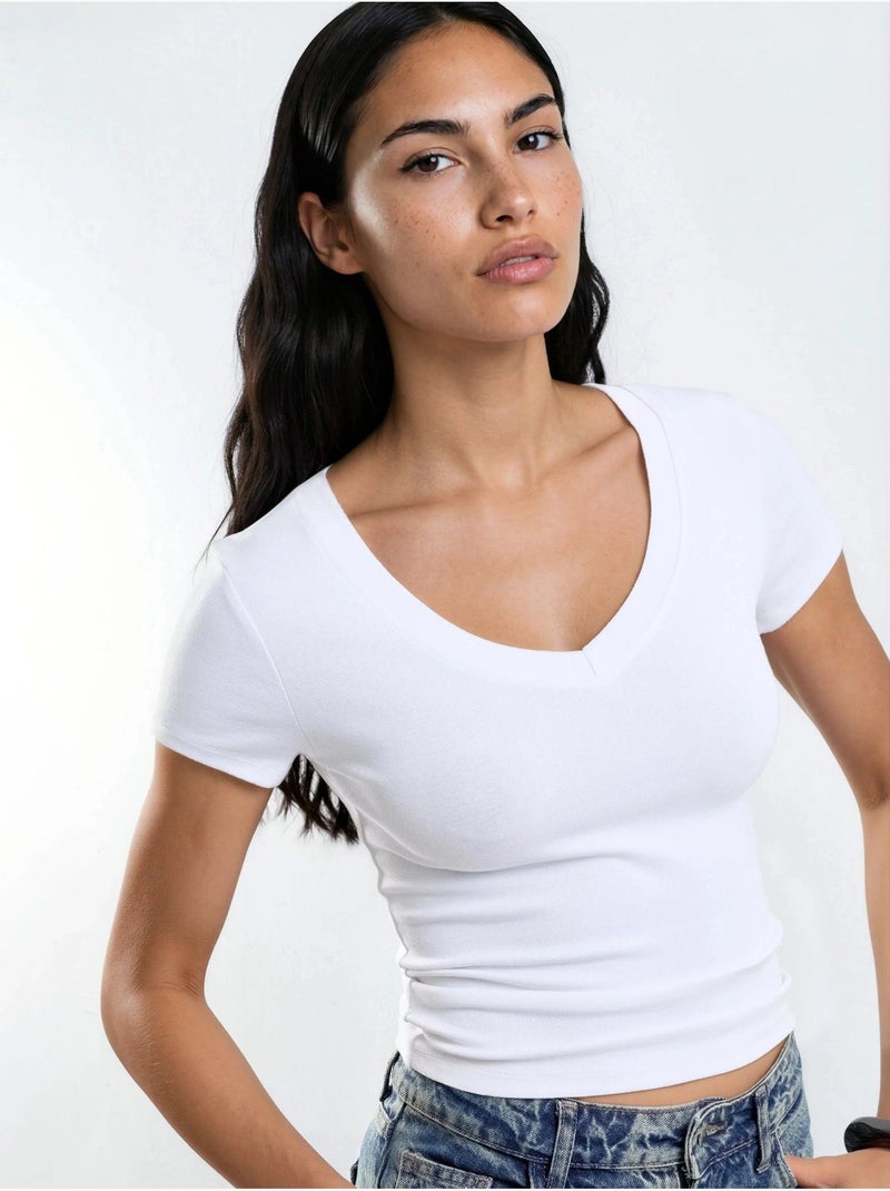 T-shirt elástica de manga curta com decote em v busem Branco - Kiabi