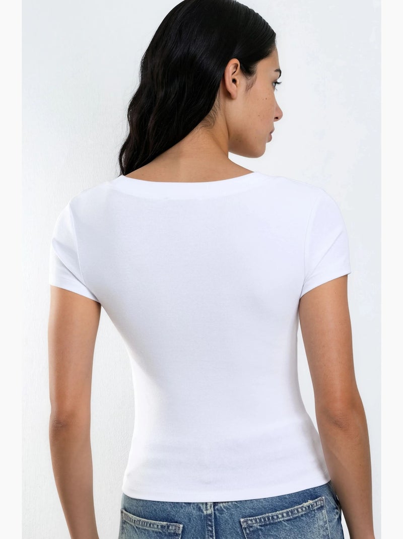 T-shirt elástica de manga curta com decote em v busem Branco - Kiabi