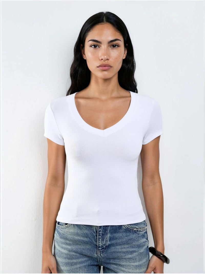 T-shirt elástica de manga curta com decote em v busem Branco - Kiabi