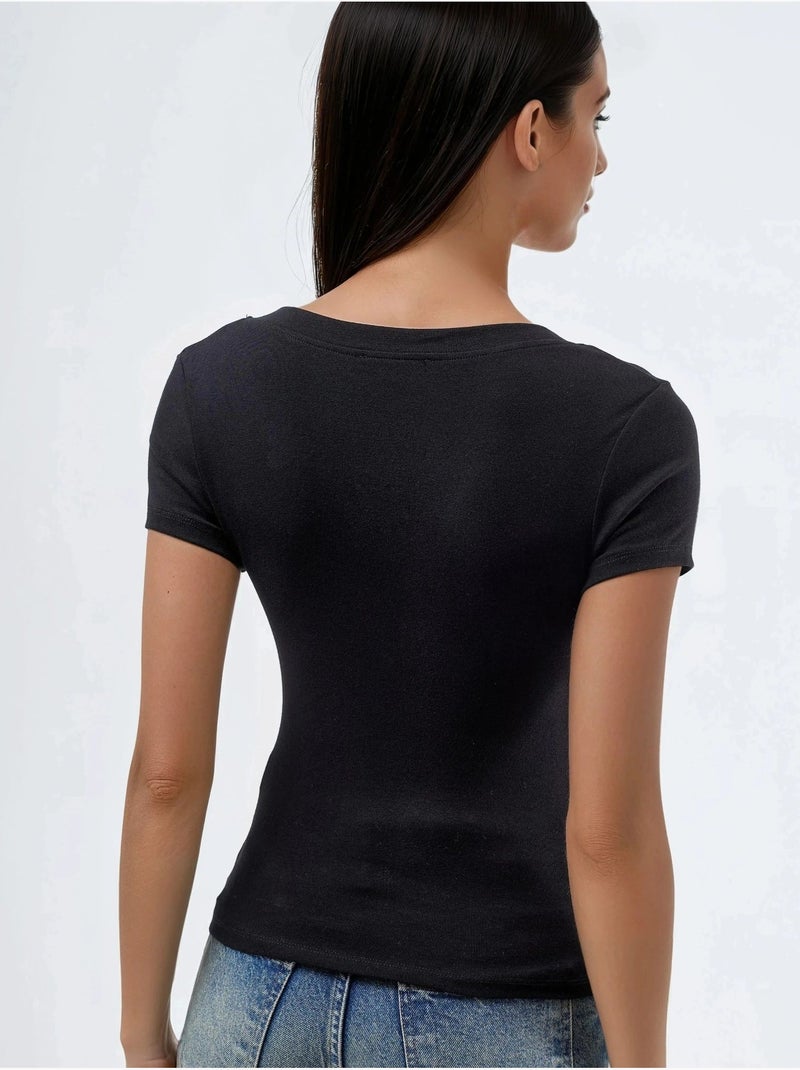T-shirt elástica de manga curta com decote em v busem Preto - Kiabi