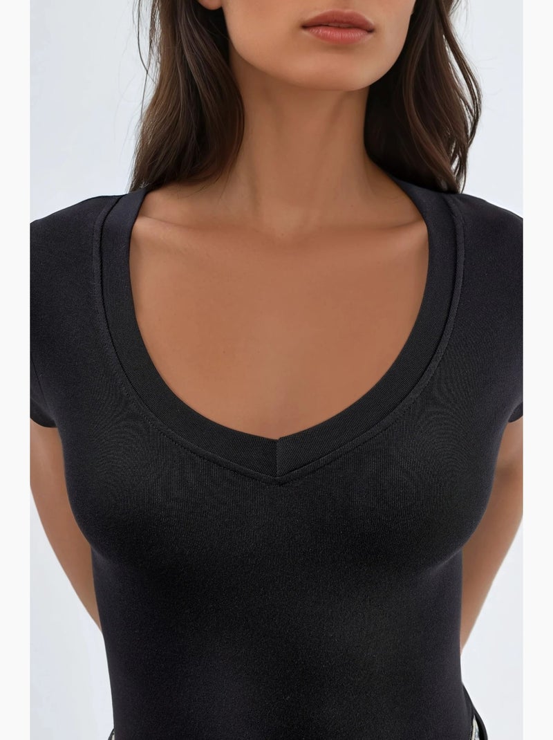 T-shirt elástica de manga curta com decote em v busem Preto - Kiabi