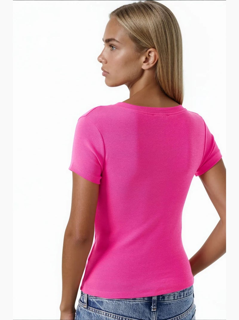 T-shirt elástica de manga curta com decote em v busem Rosa-fluo/Solinotes - Kiabi