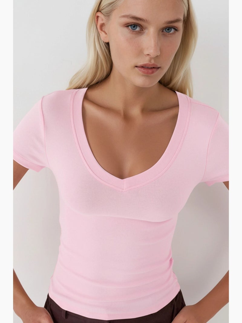T-shirt elástica de manga curta com decote em v busem Rosa-pálido - Kiabi