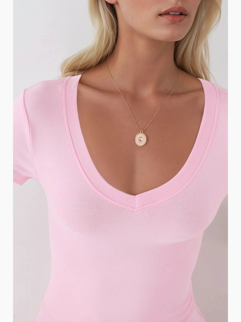 T-shirt elástica de manga curta com decote em v busem Rosa-pálido - Kiabi