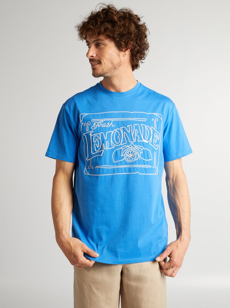 T-shirt em algodão com bordado AZUL - Kiabi