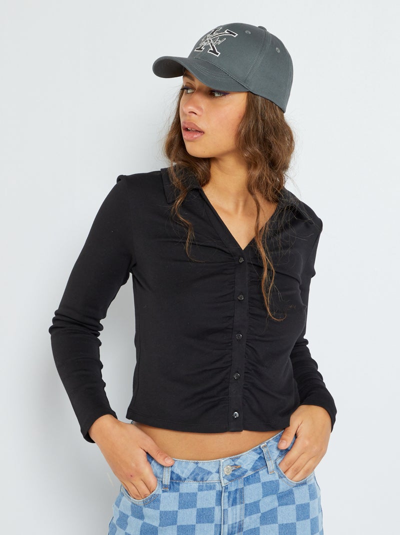 T-shirt em algodão com botões Preto - Kiabi