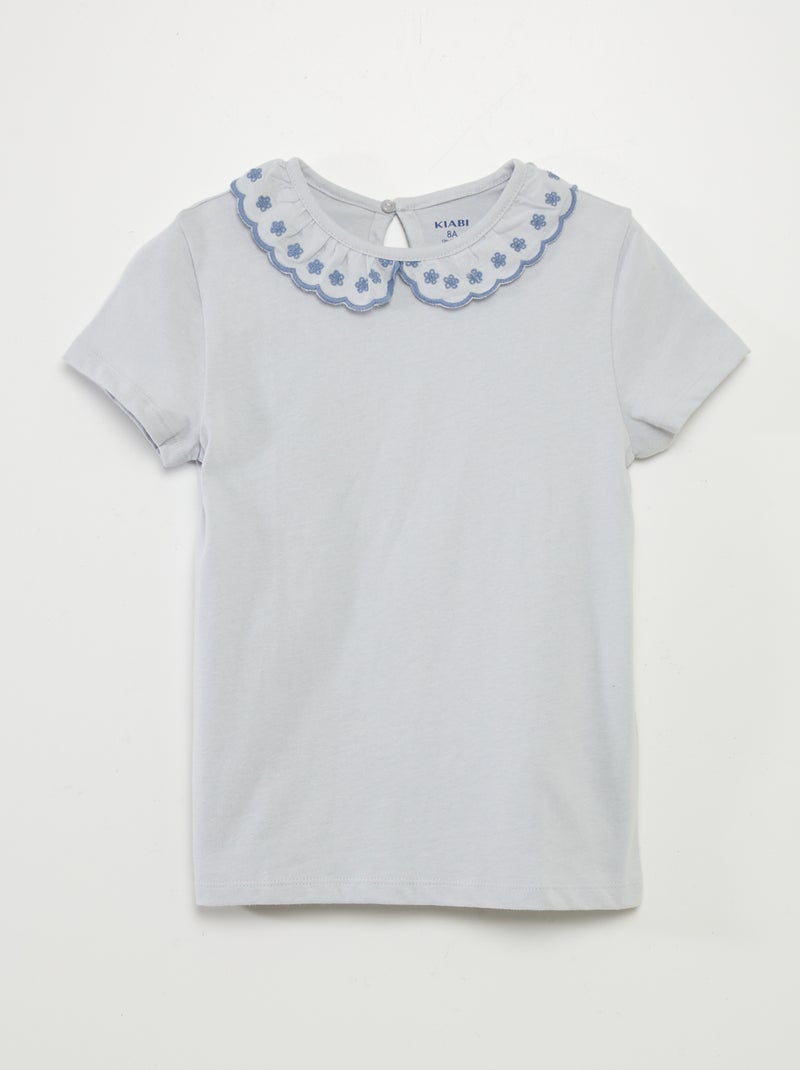 T-shirt em algodão com gola claudine AZUL - Kiabi
