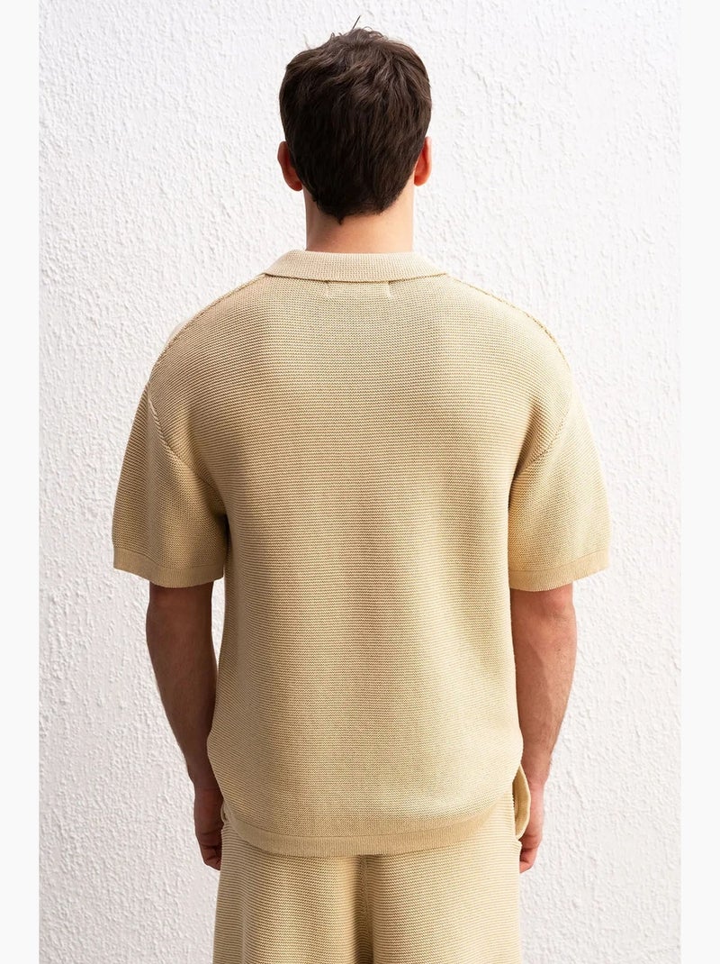 T-shirt em algodão com gola polo para homem giesto Bege-argila - Kiabi