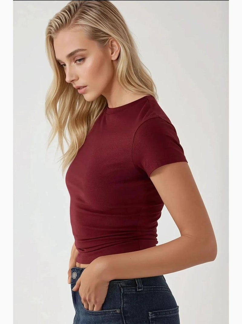 T-shirt em algodão com gola redonda e corte slim e toque suave hiccup Vermelho bordô - Kiabi