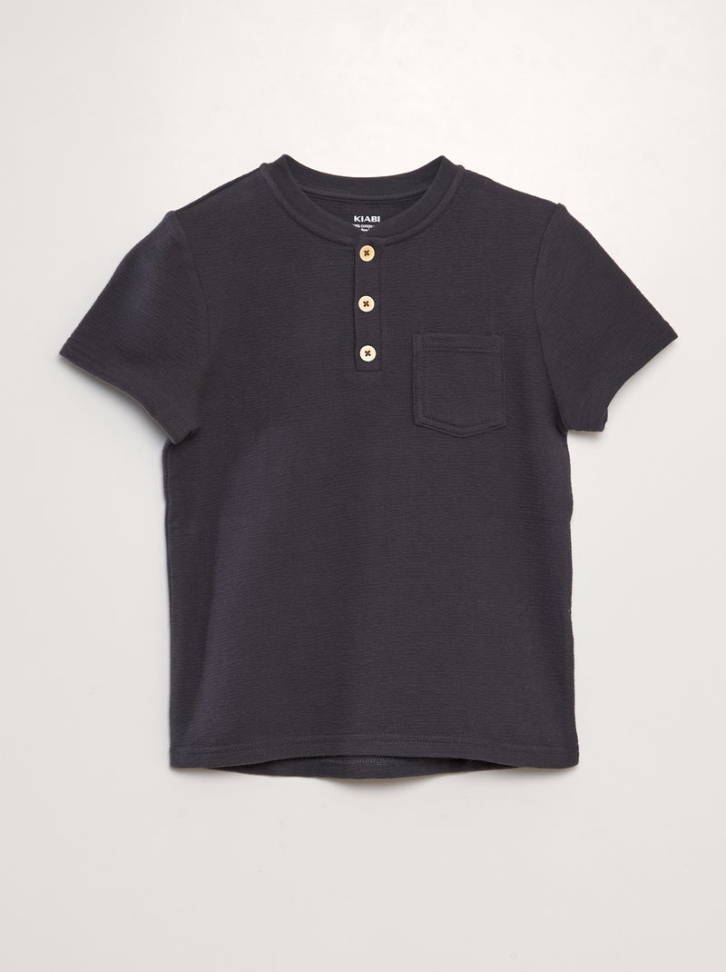 T-shirt em algodão com gola tunisina PRETO - Kiabi