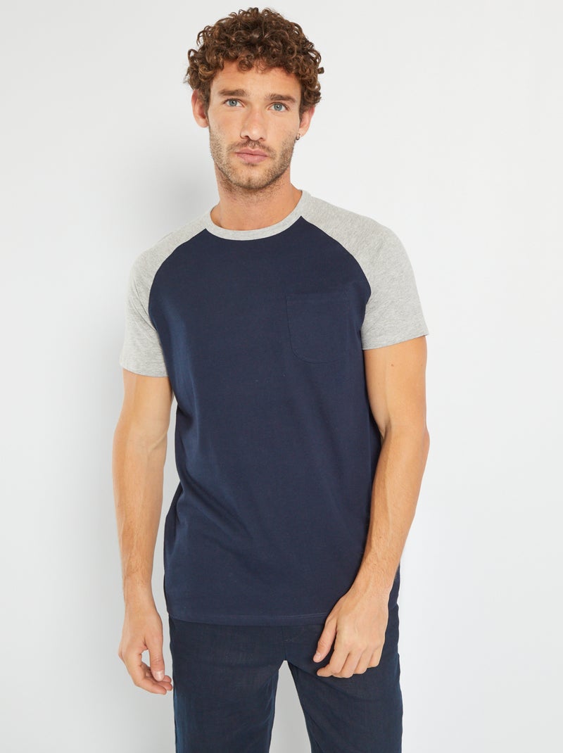 T-shirt em algodão com mangas em raglã Azul Marinho - Kiabi