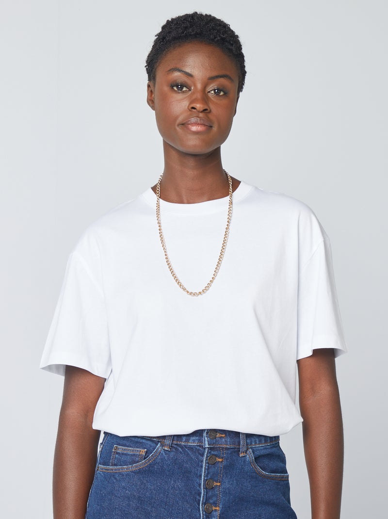 T-shirt em algodão para mulher com gola redonda e mangas curtas Branco - Kiabi