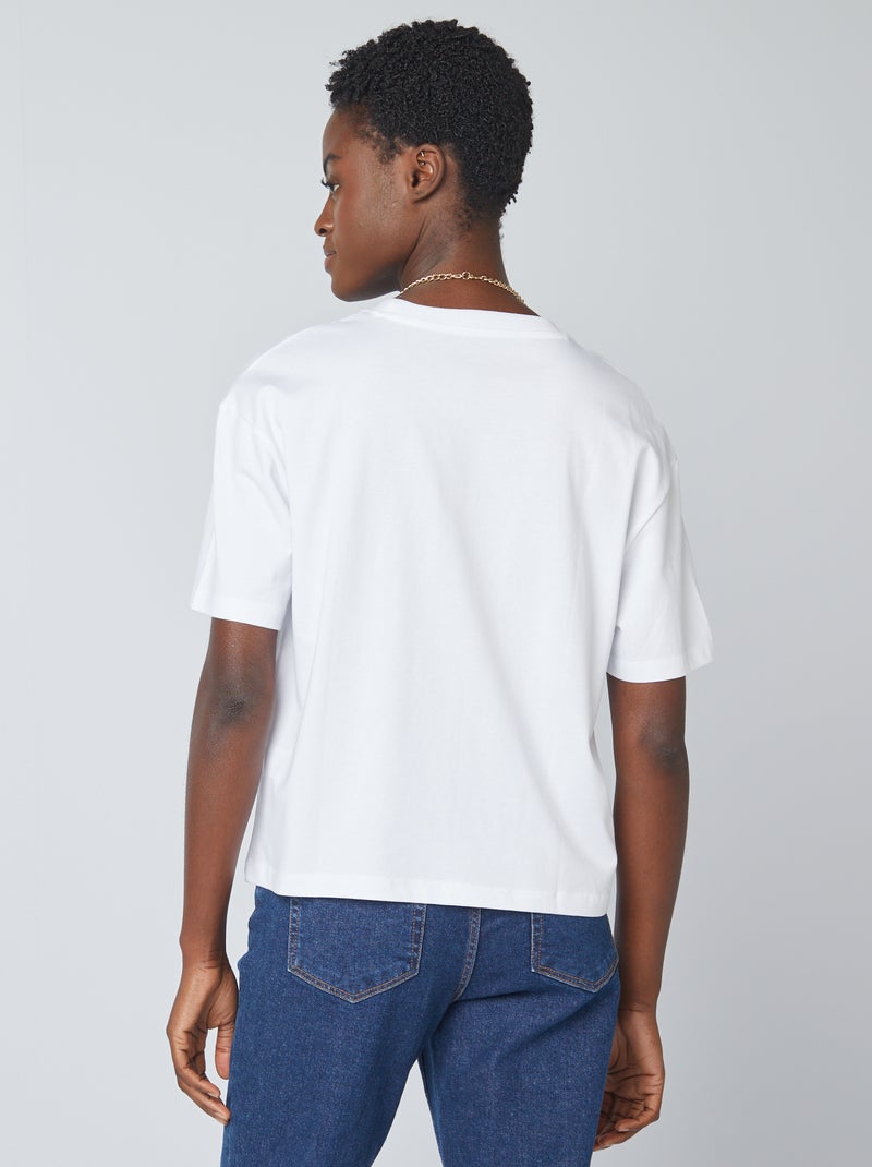 T-shirt em algodão para mulher com gola redonda e mangas curtas Branco - Kiabi