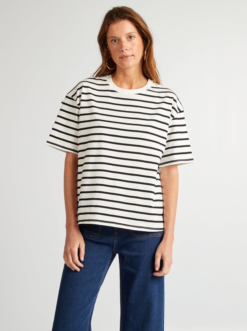 T-shirt em algodão para mulher com gola redonda e mangas curtas BRANCO - Kiabi