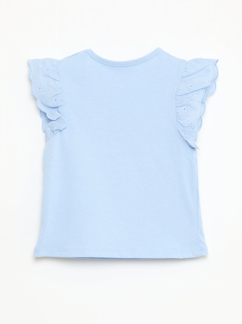 T-shirt em jérsei de algodão com mangas curtas em bordado inglês Azul - Kiabi