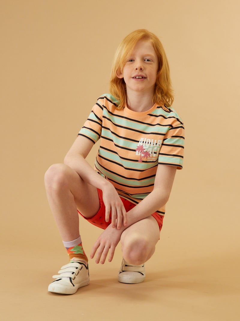 T-shirt em jersey às riscas LARANJA - Kiabi