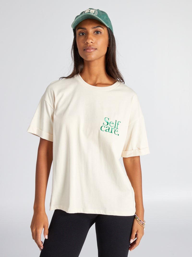 T-shirt em jersey com bordado BEGE - Kiabi