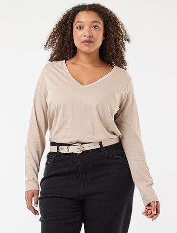 T-shirt em jersey com decote em V e mangas compridas