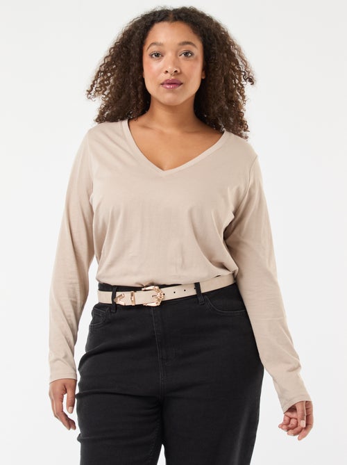 T-shirt em jersey com decote em V e mangas compridas - Kiabi