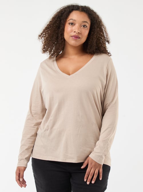 T-shirt em jersey com decote em V e mangas compridas - Kiabi