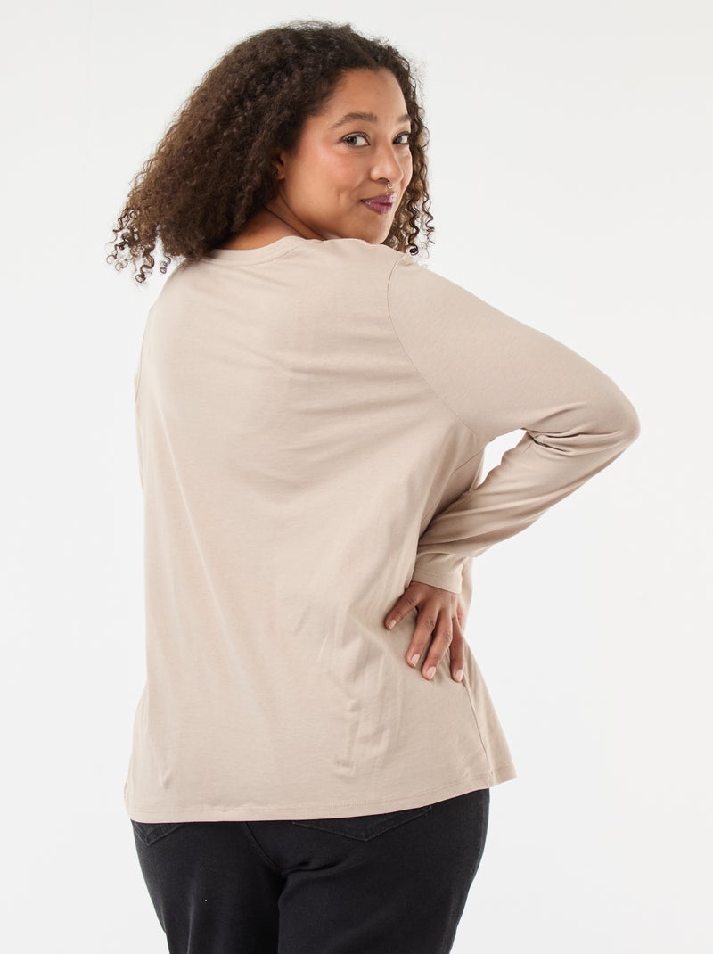 T-shirt em jersey com decote em V e mangas compridas Bege - Kiabi