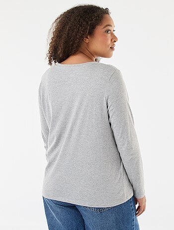 T-shirt em jersey com decote em V e mangas compridas